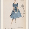 Crepe or taffeta princess-seam dress with full skirt, Florentine front and plunging back neckline,  and velvet ribbon trim
