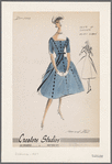 Crepe or taffeta princess-seam dress with full skirt, Florentine front and plunging back neckline,  and velvet ribbon trim