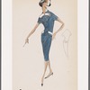 Two-piece dress with plastron and sleeve slits; rectangular revers repeated at waistband