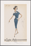 Two-piece dress with plastron and sleeve slits; rectangular revers repeated at waistband
