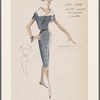 Fitted shirtwaist dress of Navy crepe with wide shawl collar faced with white cotton knitwear; hip pockets and bodice bow