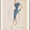 Navy crepe dress with buttons and gathers at bib front and where elongated bodice meets skirt