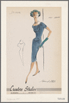 Navy crepe dress with buttons and gathers at bib front and where elongated bodice meets skirt