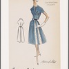 Shirtwaist dress with contrast polka dot inserts from bodice to hem; contrast pattern repeated on banded neckline