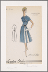 Shirtwaist dress with contrast polka dot inserts from bodice to hem; contrast pattern repeated on banded neckline