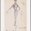Print silk crepe dress with V-neckline and gathered belt; soft gathers at neck and bodice form a shawl collar
