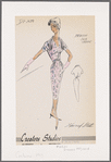Print silk crepe dress with V-neckline and gathered belt; soft gathers at neck and bodice form a shawl collar