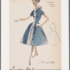 Shirtwaist dress with contrast striped fabric trim from hem to neck along off-center front closing; off-center neck bow