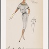 Fitted shirtwaist dress with belt and fly-front closing and raglan sleeves; two-toned bands at scoop neckline and on sleeve cuffs