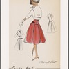 Striped drop-waist dress with Peter Pan collar, decorative hip band and inverted-pleat skirt; bolero jacket with sailor-type collar and neck bow