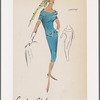 Crepe princess dress with overlapping collar buttoned at pointed end; button and triangle shape repeated at waist in peplum effect