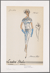 Short-sleeved drop-waist print dress with bow and gathers at right hip; decorative straps at neck and layered on collar