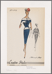 Bateau-neckline short-sleeved dress with decorative buttons and contrast bands of fringed trim at neckline and hips; side closed jacket and dress
