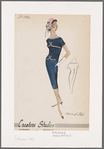Short-sleeved dress with bateau neckline and loose bodice yoke with contrast trim; loose yoke detail repeated at waist; inverted pleat at back