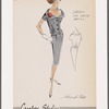Striped shirtwaist dress with shawl collar and self-fabric belt; contrast piping and bow on collar