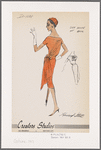 Short-sleeved sheath dress with bateau neckline and side drape at back