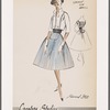 Jacket and dress set: striped bib-front dress with Florentine neckline, cummerbund  and bias cut trim; contrast-fabric bolero jacket with large button closure and repeat of bias trim