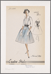 Jacket and dress set: striped bib-front dress with Florentine neckline, cummerbund  and bias cut trim; contrast-fabric bolero jacket with large button closure and repeat of bias trim