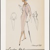 Jacket-dress ensemble: short-sleeved Princess dress with square neckline and bib-style bodice; cutaway-front bolero with button detail matching dress