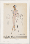 Jacket-dress ensemble: short-sleeved Princess dress with square neckline and bib-style bodice; cutaway-front bolero with button detail matching dress