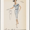 Cotton tweed sheath dress with shawl collar and midriff faux oblong pockets with button flaps; woven trim bands at shoulders and midriff