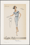 Cotton tweed sheath dress with shawl collar and midriff faux oblong pockets with button flaps; woven trim bands at shoulders and midriff