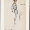 Double-breasted shirtwaist dress of striped fabric with angled welt pockets on bodice and shawl collar folded along surplice neckline