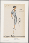 Double-breasted shirtwaist dress of striped fabric with angled welt pockets on bodice and shawl collar folded along surplice neckline