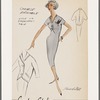 Chemise ensemble: short-sleeved Princess dress with V-neckline and angled bodice pockets trimmed with lace or embroidery; chemise jacket with matching trim and pockets and back inverted pleat