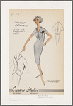 Chemise ensemble: short-sleeved Princess dress with V-neckline and angled bodice pockets trimmed with lace or embroidery; chemise jacket with matching trim and pockets and back inverted pleat