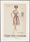 Sleeveless print dress with asymmetric bateau neckline and full box-pleated skirt; V back with button closure and fringed tab; tab and fringe repeated at midriff; diamond-shaped back cutout