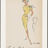 Short-sleeved sheath dress with bateau neckline; angled patch pocket and decorative button tab repeated at neckline and waist