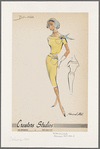 Short-sleeved sheath dress with bateau neckline; angled patch pocket and decorative button tab repeated at neckline and waist