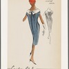 Cotton check dress with bib front and wide flat collar that opens at front and closes with bow at back; loose fabric panel at back with gathers and an inverted pleat
