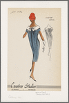 Cotton check dress with bib front and wide flat collar that opens at front and closes with bow at back; loose fabric panel at back with gathers and an inverted pleat