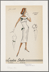 Sleeveless princess dress with bateau neckline and contrast trim on bodice matching trim at back; button details at hips, bust and back; paired with short-sleeved bolero jacket