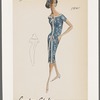 Short-sleeved print dress with contrast trim along notched bateau neckline; trim and bow decorations continue on front seam and along edges of inverted pleat