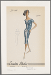 Short-sleeved print dress with contrast trim along notched bateau neckline; trim and bow decorations continue on front seam and along edges of inverted pleat