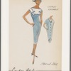 Chemise ensemble: dress with contrast bib bodice forming cap sleeves; short-sleeved coat with notched collar and hip slit pockets; tapers to the knees