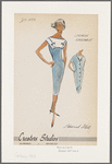 Chemise ensemble: dress with contrast bib bodice forming cap sleeves; short-sleeved coat with notched collar and hip slit pockets; tapers to the knees