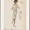 Shirtwaist dress of linen-like fabric; panel with fringed edge hangs at back from waist; fringed tab details on collar and waist back