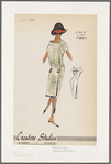 Shirtwaist dress of linen-like fabric; panel with fringed edge hangs at back from waist; fringed tab details on collar and waist back
