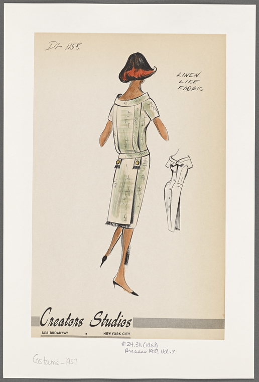 Shirtwaist dress of linen-like fabric; panel with fringed edge hangs at ...
