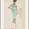 Sleeveless pencil dress with long bib bodice and square yoke collar with button detail; contrast trim on collar and bodice; scarf-style belt tied at hip; paired with short-sleeved tapering coat