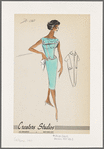 Sleeveless pencil dress with long bib bodice and square yoke collar with button detail; contrast trim on collar and bodice; scarf-style belt tied at hip; paired with short-sleeved tapering coat