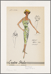 Print dress with scalloped neckline, decorative straps and scoop back; gathered waistband and L-shaped hip pockets; short-sleeved bolero jacket