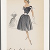 Dress with full skirt, fitted bodice and sweetheart neckline low on the shoulders; contrast short sleeves with ties; scarf belt ties in the back