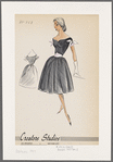 Dress with full skirt, fitted bodice and sweetheart neckline low on the shoulders; contrast short sleeves with ties; scarf belt ties in the back