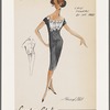 Bateau-neckline dress with contrast shirred bodice; fitted midriff and front gathers below waist; lace flowers by the yard trim