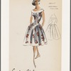 Sleeveless full-skirt print dress with bateau neckline and organza collar and bow; fitted bodice with V-shaped drop waist front with soft gathers
